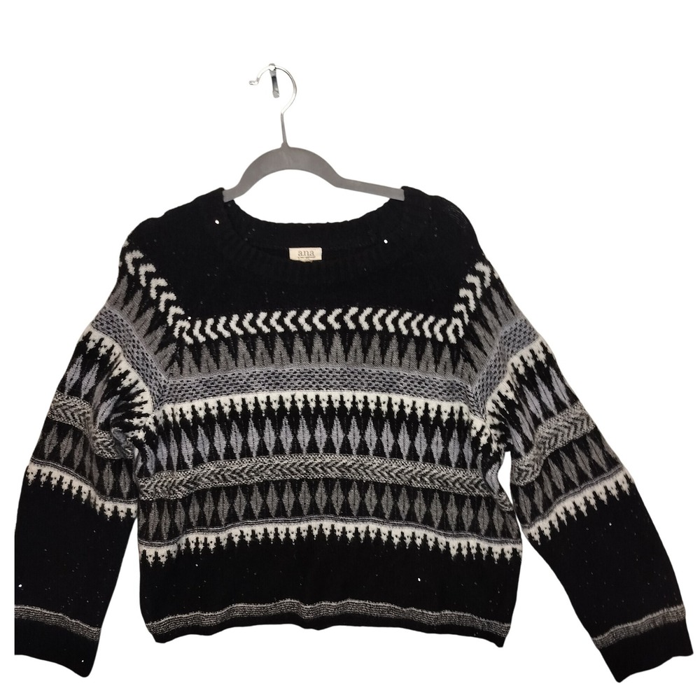 ANA A New Approach Women's L Fair Isle Sequin Long‎ Sleeve Knit Sweater